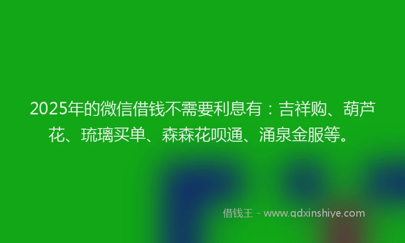 2025年的微信借钱不需要利息有：吉祥购、葫芦花、琉璃买单、森森花呗通、涌泉金服等。