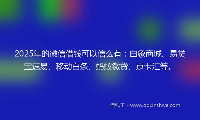 2025年的微信借钱可以信么有：白象商城、易贷宝速易、移动白条、蚂蚁微贷、京卡汇等。