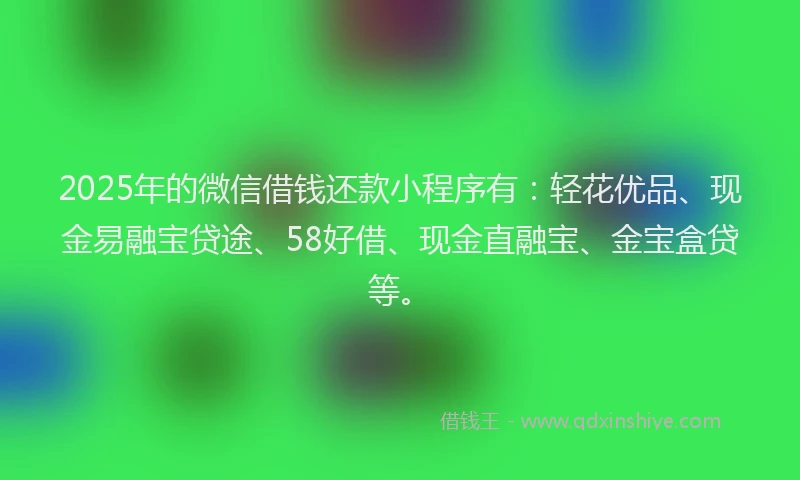 2025年的微信借钱还款小程序有：轻花优品、现金易融宝贷途、58好借、现金直融宝、金宝盒贷等。