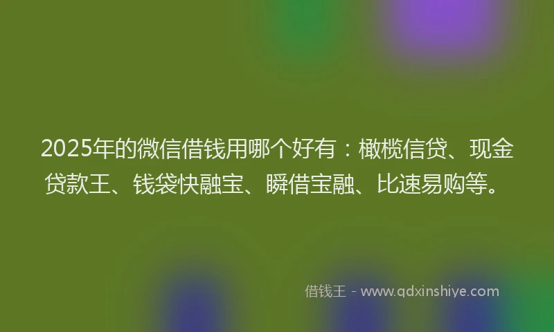 2025年的微信借钱用哪个好有：橄榄信贷、现金贷款王、钱袋快融宝、瞬借宝融、比速易购等。