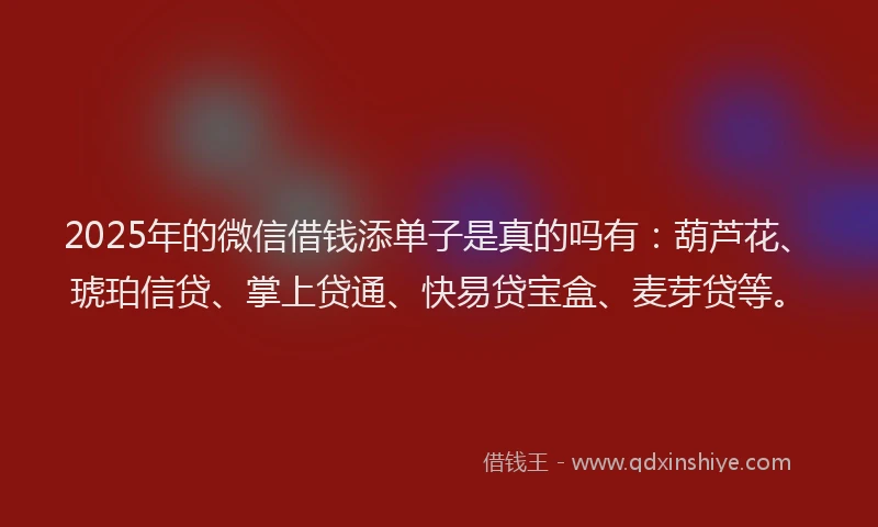 2025年的微信借钱添单子是真的吗有：葫芦花、琥珀信贷、掌上贷通、快易贷宝盒、麦芽贷等。