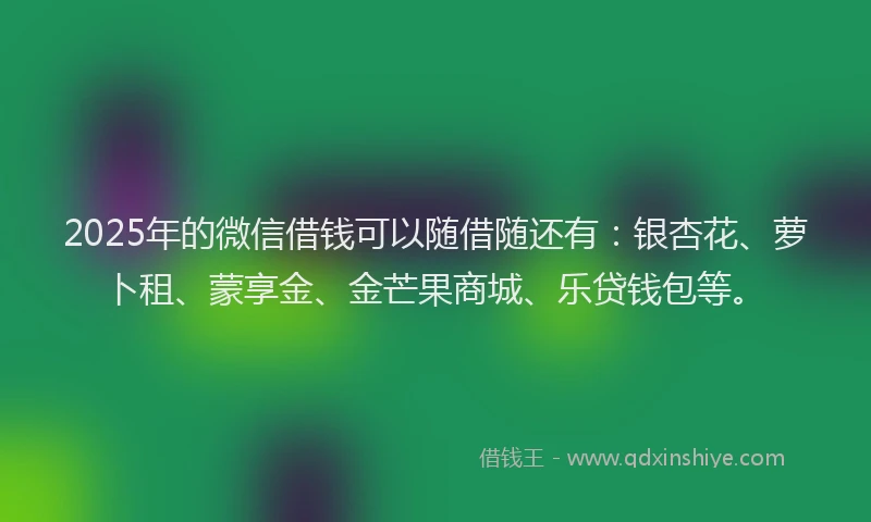 2025年的微信借钱可以随借随还有：银杏花、萝卜租、蒙享金、金芒果商城、乐贷钱包等。
