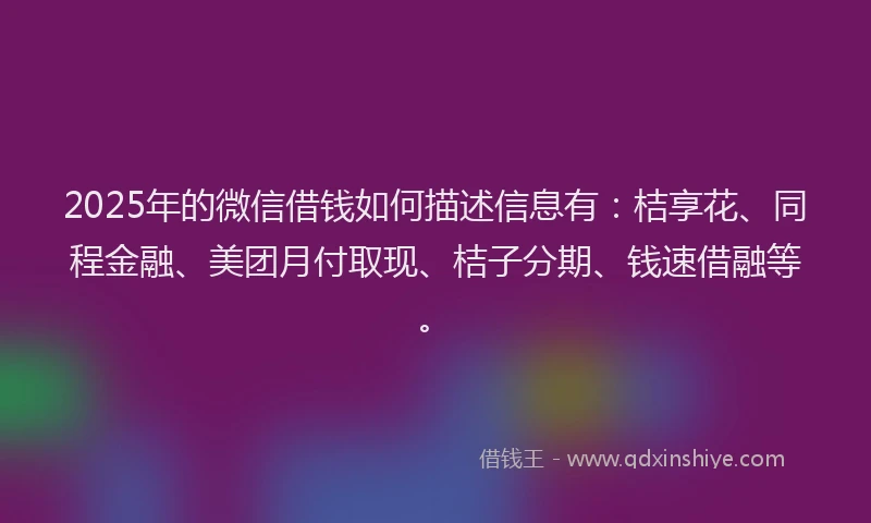 2025年的微信借钱如何描述信息有：桔享花、同程金融、美团月付取现、桔子分期、钱速借融等。