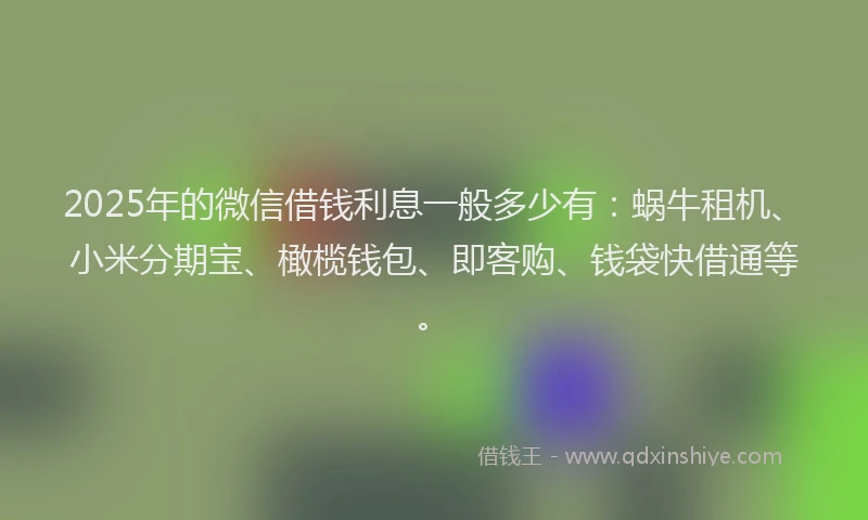 2025年的微信借钱利息一般多少有：蜗牛租机、小米分期宝、橄榄钱包、即客购、钱袋快借通等。