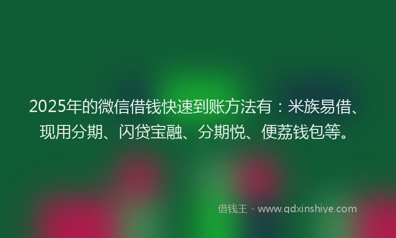 2025年的微信借钱快速到账方法有：米族易借、现用分期、闪贷宝融、分期悦、便荔钱包等。