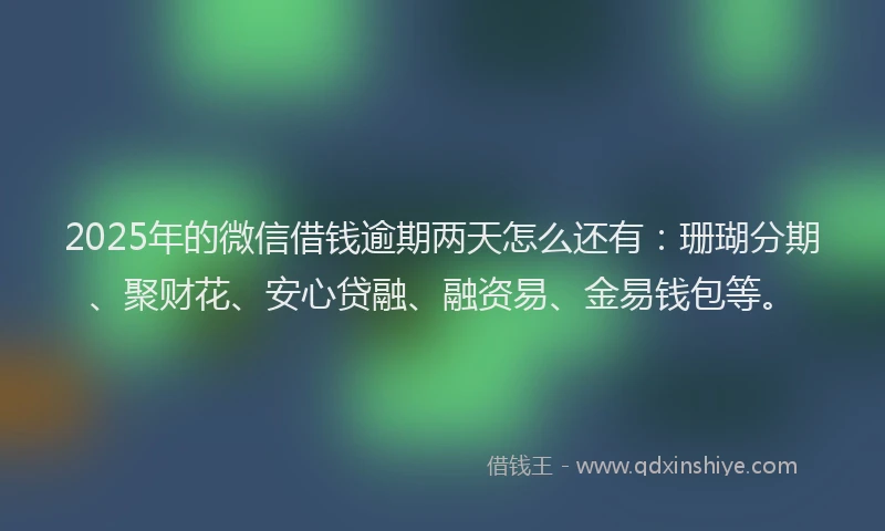 2025年的微信借钱逾期两天怎么还有：珊瑚分期、聚财花、安心贷融、融资易、金易钱包等。