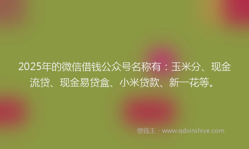 2025年的微信借钱公众号名称有：玉米分、现金流贷、现金易贷盒、小米贷款、新一花等。