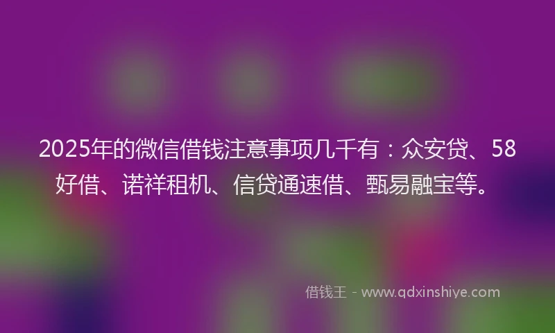 2025年的微信借钱注意事项几千有：众安贷、58好借、诺祥租机、信贷通速借、甄易融宝等。