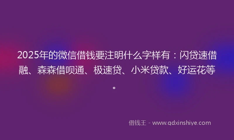 2025年的微信借钱要注明什么字样有：闪贷速借融、森森借呗通、极速贷、小米贷款、好运花等。