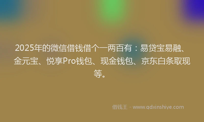 2025年的微信借钱借个一两百有：易贷宝易融、金元宝、悦享Pro钱包、现金钱包、京东白条取现等。