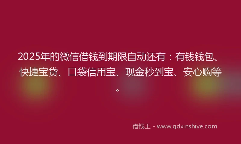 2025年的微信借钱到期限自动还有：有钱钱包、快捷宝贷、口袋信用宝、现金秒到宝、安心购等。