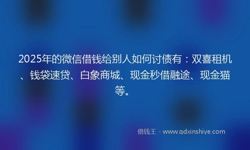 2025年的微信借钱给别人如何讨债有：双喜租机、钱袋速贷、白象商城、现金秒借融途、现金猫等。