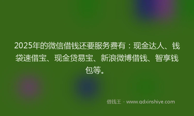 2025年的微信借钱还要服务费有：现金达人、钱袋速借宝、现金贷易宝、新浪微博借钱、智享钱包等。