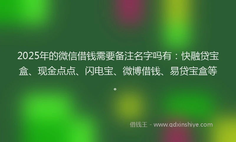 2025年的微信借钱需要备注名字吗有：快融贷宝盒、现金点点、闪电宝、微博借钱、易贷宝盒等。