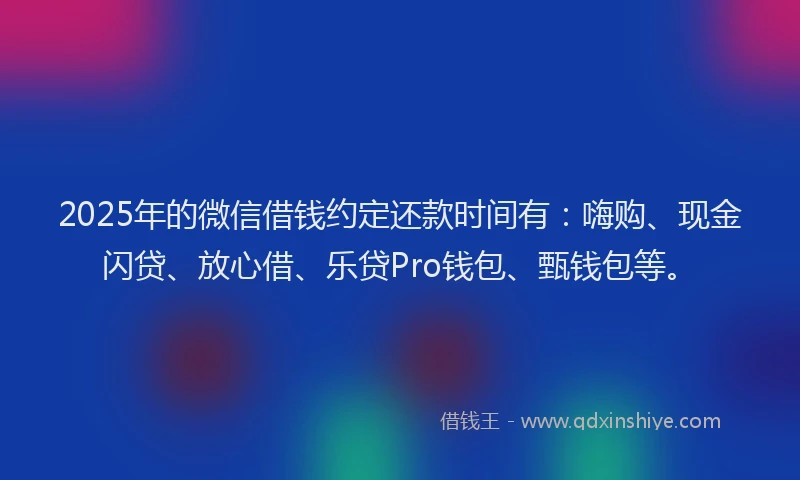 2025年的微信借钱约定还款时间有：嗨购、现金闪贷、放心借、乐贷Pro钱包、甄钱包等。