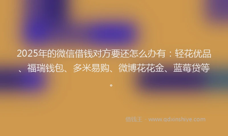 2025年的微信借钱对方要还怎么办有：轻花优品、福瑞钱包、多米易购、微博花花金、蓝莓贷等。