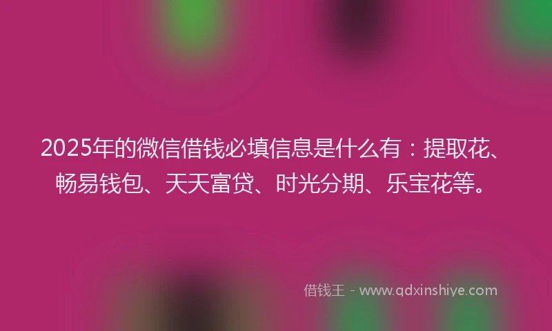 2025年的微信借钱必填信息是什么有：提取花、畅易钱包、天天富贷、时光分期、乐宝花等。