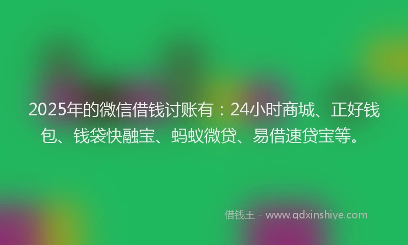 2025年的微信借钱讨账有：24小时商城、正好钱包、钱袋快融宝、蚂蚁微贷、易借速贷宝等。