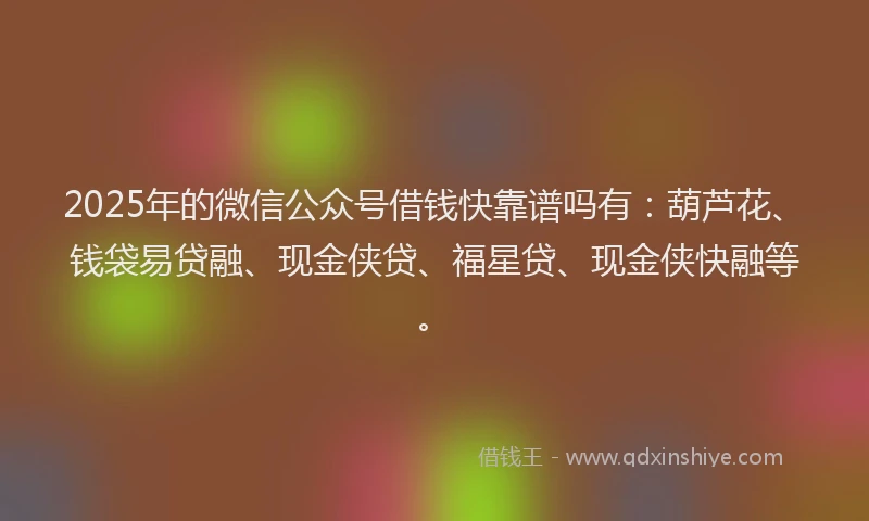 2025年的微信公众号借钱快靠谱吗有：葫芦花、钱袋易贷融、现金侠贷、福星贷、现金侠快融等。