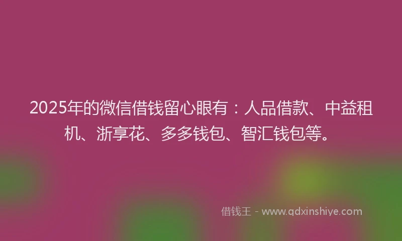 2025年的微信借钱留心眼有：人品借款、中益租机、浙享花、多多钱包、智汇钱包等。