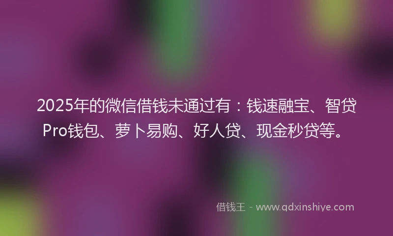 2025年的微信借钱未通过有：钱速融宝、智贷Pro钱包、萝卜易购、好人贷、现金秒贷等。