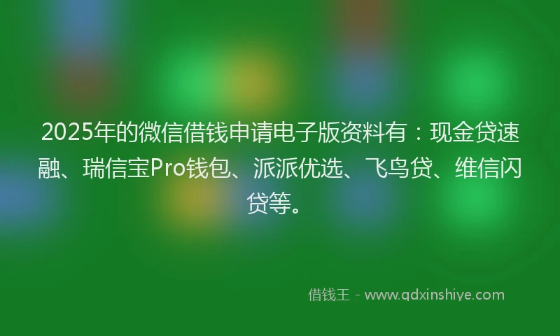 2025年的微信借钱申请电子版资料有：现金贷速融、瑞信宝Pro钱包、派派优选、飞鸟贷、维信闪贷等。