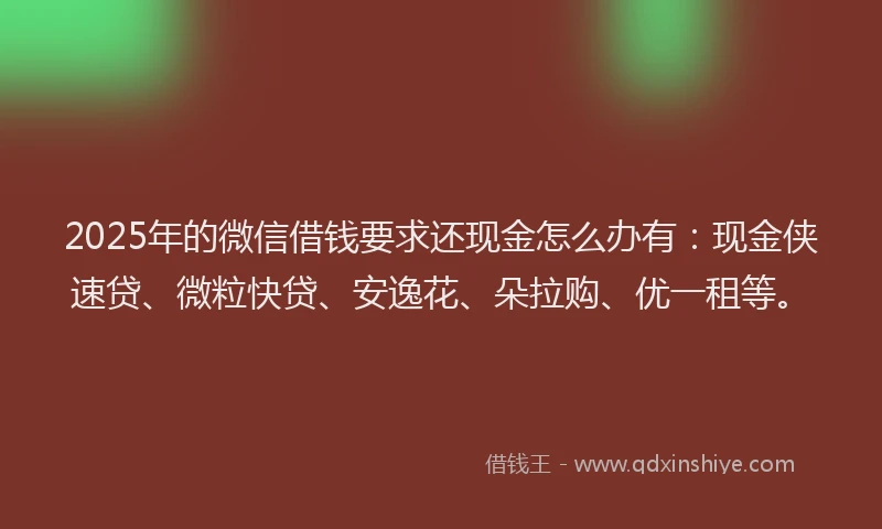 2025年的微信借钱要求还现金怎么办有：现金侠速贷、微粒快贷、安逸花、朵拉购、优一租等。