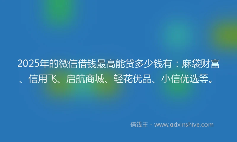 2025年的微信借钱最高能贷多少钱有：麻袋财富、信用飞、启航商城、轻花优品、小信优选等。
