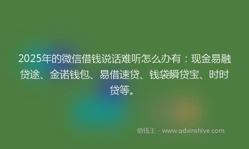 2025年的微信借钱说话难听怎么办有：现金易融贷途、金诺钱包、易借速贷、钱袋瞬贷宝、时时贷等。