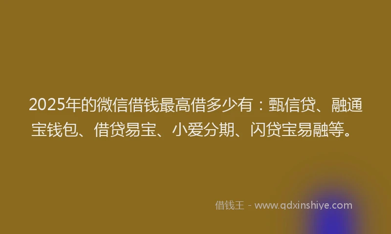 2025年的微信借钱最高借多少有：甄信贷、融通宝钱包、借贷易宝、小爱分期、闪贷宝易融等。