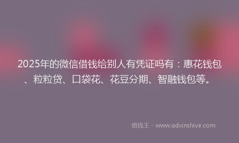 2025年的微信借钱给别人有凭证吗有：惠花钱包、粒粒贷、口袋花、花豆分期、智融钱包等。