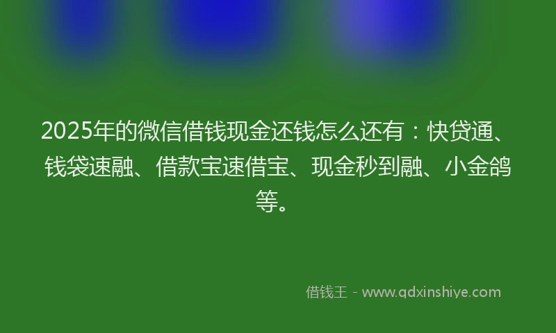 2025年的微信借钱现金还钱怎么还有：快贷通、钱袋速融、借款宝速借宝、现金秒到融、小金鸽等。