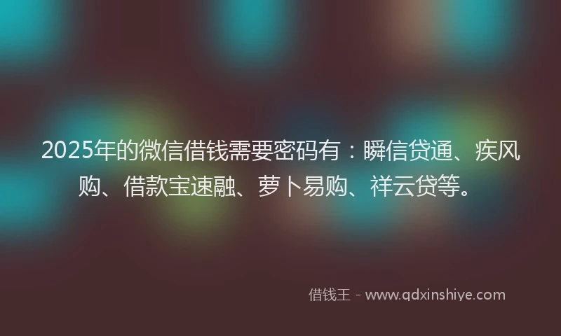 2025年的微信借钱需要密码有：瞬信贷通、疾风购、借款宝速融、萝卜易购、祥云贷等。