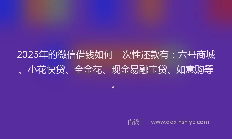 2025年的微信借钱如何一次性还款有：六号商城、小花快贷、全金花、现金易融宝贷、如意购等。