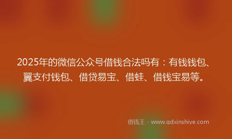 2025年的微信公众号借钱合法吗有：有钱钱包、翼支付钱包、借贷易宝、借蛙、借钱宝易等。