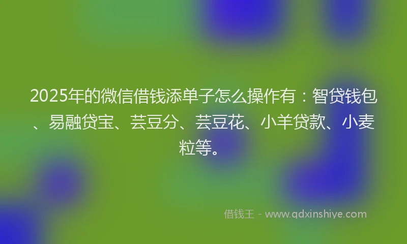 2025年的微信借钱添单子怎么操作有：智贷钱包、易融贷宝、芸豆分、芸豆花、小羊贷款、小麦粒等。