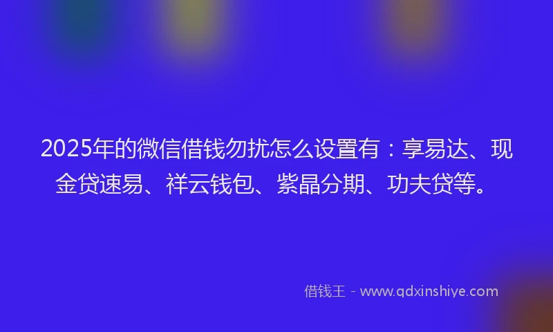 2025年的微信借钱勿扰怎么设置有：享易达、现金贷速易、祥云钱包、紫晶分期、功夫贷等。