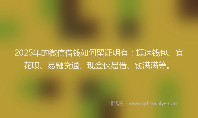 2025年的微信借钱如何留证明有：捷速钱包、宜花呗、易融贷通、现金侠易借、钱满满等。