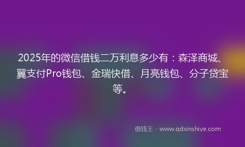 2025年的微信借钱二万利息多少有：森泽商城、翼支付Pro钱包、金瑞快借、月亮钱包、分子贷宝等。