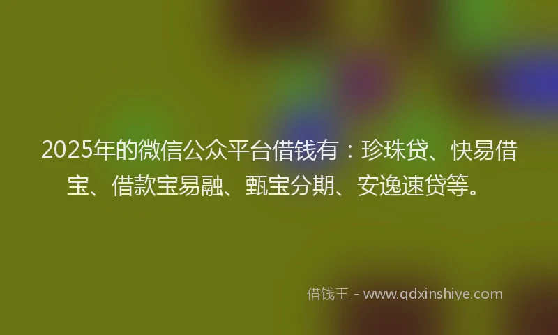 2025年的微信公众平台借钱有：珍珠贷、快易借宝、借款宝易融、甄宝分期、安逸速贷等。