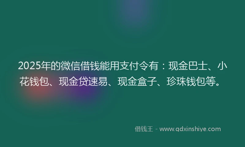 2025年的微信借钱能用支付令有：现金巴士、小花钱包、现金贷速易、现金盒子、珍珠钱包等。