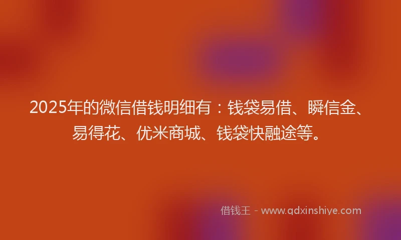 2025年的微信借钱明细有：钱袋易借、瞬信金、易得花、优米商城、钱袋快融途等。