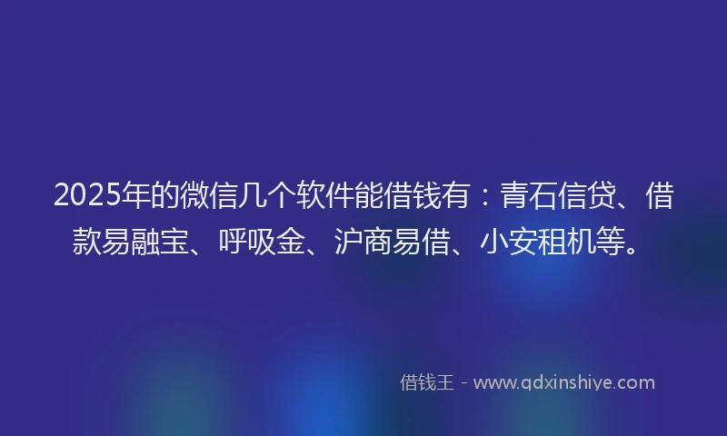 2025年的微信几个软件能借钱有：青石信贷、借款易融宝、呼吸金、沪商易借、小安租机等。