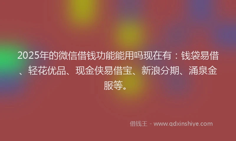 2025年的微信借钱功能能用吗现在有：钱袋易借、轻花优品、现金侠易借宝、新浪分期、涌泉金服等。