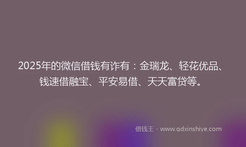 2025年的微信借钱有诈有：金瑞龙、轻花优品、钱速借融宝、平安易借、天天富贷等。