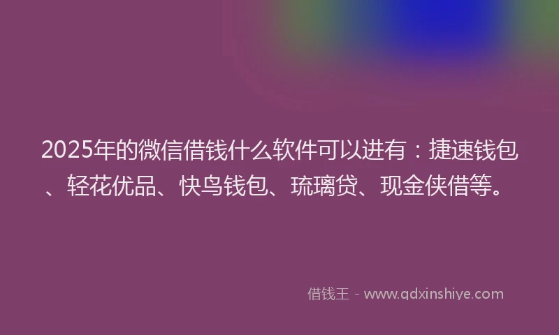 2025年的微信借钱什么软件可以进有：捷速钱包、轻花优品、快鸟钱包、琉璃贷、现金侠借等。