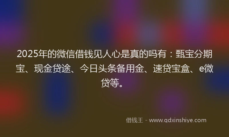 2025年的微信借钱见人心是真的吗有：甄宝分期宝、现金贷途、今日头条备用金、速贷宝盒、e微贷等。