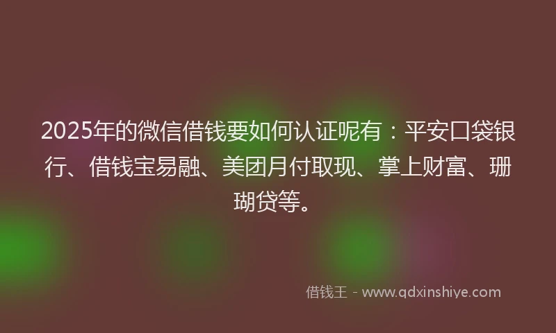 2025年的微信借钱要如何认证呢有：平安口袋银行、借钱宝易融、美团月付取现、掌上财富、珊瑚贷等。