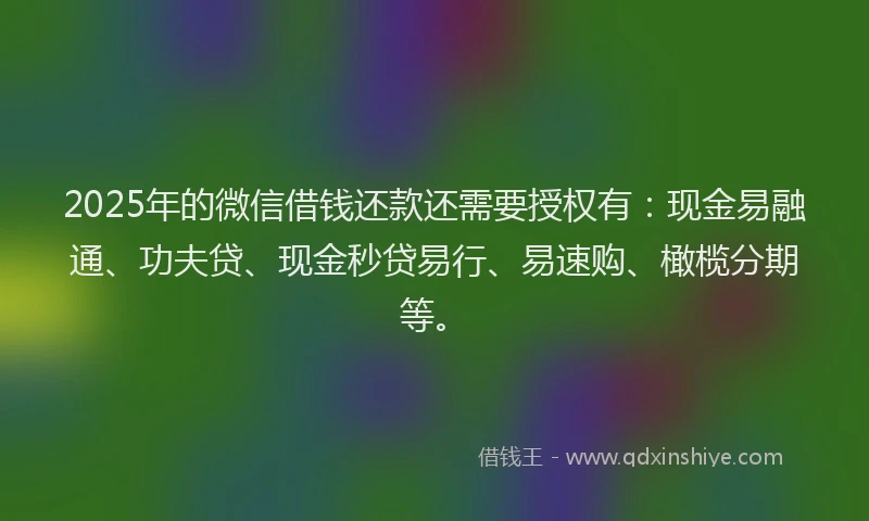2025年的微信借钱还款还需要授权有：现金易融通、功夫贷、现金秒贷易行、易速购、橄榄分期等。