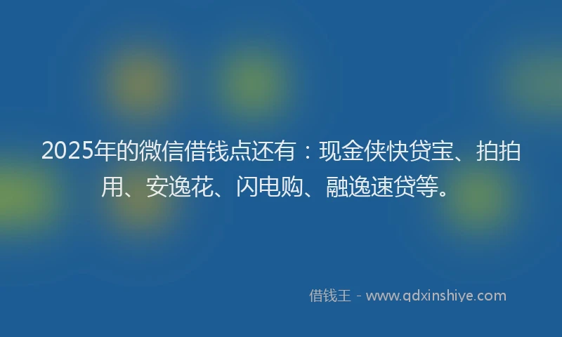 2025年的微信借钱点还有：现金侠快贷宝、拍拍用、安逸花、闪电购、融逸速贷等。